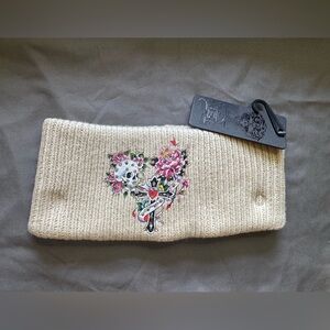 Ed Hardy Cream Knit Headband with Skull & Floral Heart Embroidery